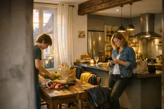 Kitchen in Vannes with historic and modern elements, a woman checking phone, teenager with groceries, warm evening light, natural candid moment.