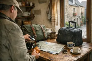 Morning in a cozy village B&B kitchen with a map and bags on the table, subtle view of a traveler preparing coffee, natural light and calm atmosphere