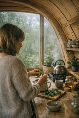 Woman brewing herbal tea inside a cozy wooden dome in a forest, eco-friendly details and natural light create a calm, authentic morning mood