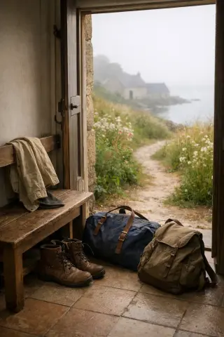 Threshold of a cozy island rental with bags near an open door, overlooking a misty path and wildflowers, soft morning light, no people, calm arrival moment