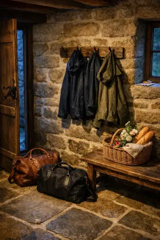 Softly lit entryway of a Breton guesthouse at dusk, overnight bags and jackets just left inside, basket with bread and flowers on a bench, stone walls, evoking quiet arrival for a romantic stay.