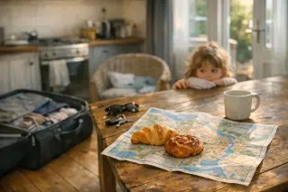 Interior of a holiday rental near Vannes with luggage on the floor, breakfast pastries and a city map on a rustic table, soft morning light, and a young child looking over the table.