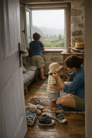 Young family preparing inside a cozy gîte with scattered travel items, a child gazing out a window towards distant megaliths, and peaceful morning light illuminating the room.