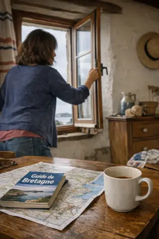Family vacation rental kitchen in Morbihan with unpacking, a child at the window, map and suitcase visible, soft morning light, candid atmosphere