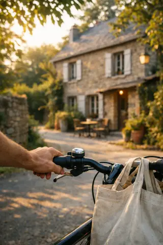 Hand on bike handlebar in soft morning light outside a stone guesthouse on a leafy street, evoking quiet anticipation near Vannes.
