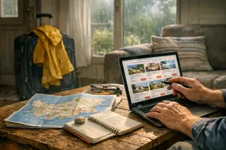 Living room of a vacation rental with an open map, suitcase, and hands reviewing listings on a laptop, natural morning light through windows, suggesting careful planning and real arrival.