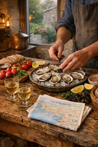 Chef's hands preparing oysters and local produce in a cozy Breton kitchen with wine glasses, map, and soft evening light