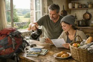 Travelers preparing for a day in a cozy Breton kitchen, with backpacks and guides on a table, one person pouring coffee and another reviewing an itinerary, soft natural morning light.