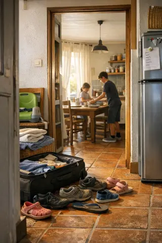 Homey Morbihan vacation rental interior with travel gear by the door, children preparing breakfast at a sunlit kitchen table, and everyday family items in view.