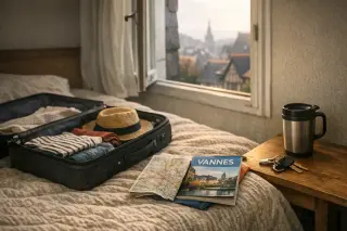 Discrete interior scene of a Vannes rental at dawn, suitcase and travel guide half-unpacked, soft light through window, subtle signs of a traveler's morning routine.