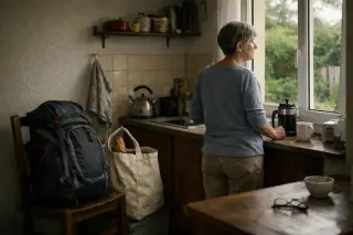 Modest kitchen with soft morning light, a backpack on a chair, and a woman making coffee quietly, evoking a calm routine during a long coastal stay.
