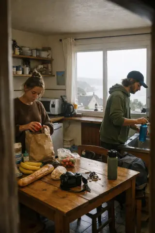 Shared kitchen in a simple hostel near the coast, two young adults going about their morning routine, daylight softly filling the room through a window with a view of rooftops and a bay.