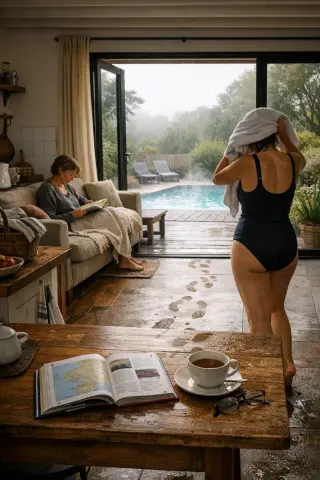 Two women relax in a lived-in holiday rental, one on the couch reading, the other drying her hair after a swim, garden and pool visible through open doors on a misty autumn morning.