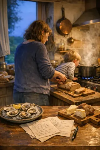 Informal kitchen scene in a Breton guesthouse at dusk; woman preparing bread, child curiously watching a pot, rustic table with oysters and recipes, soft natural light.