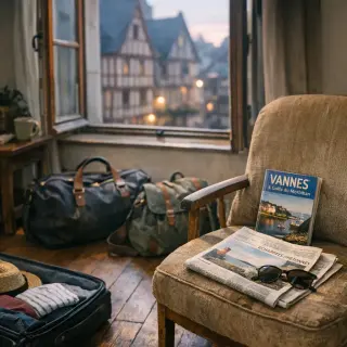 Open window in a Vannes city apartment at dawn, travel bags and guidebook placed casually, inviting morning light subtly highlighting signs of recent arrival.
