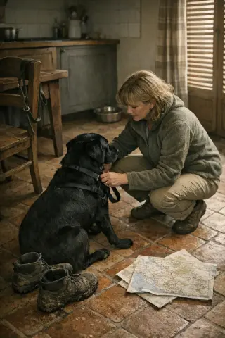 Early morning in a vacation rental, a woman prepares her dog for a walk with natural light, travel gear, and homely touches creating a lived-in atmosphere.