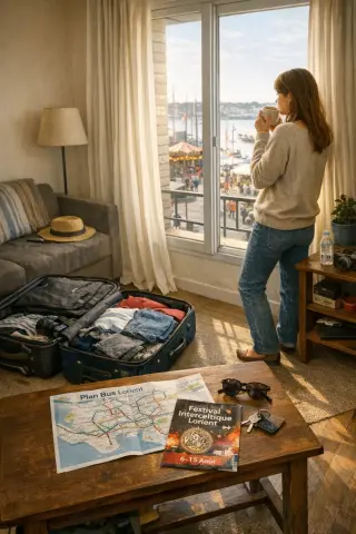 Young woman stands in a modest apartment, morning light entering, suitcases and festival map visible, suggesting travel planning before an event.