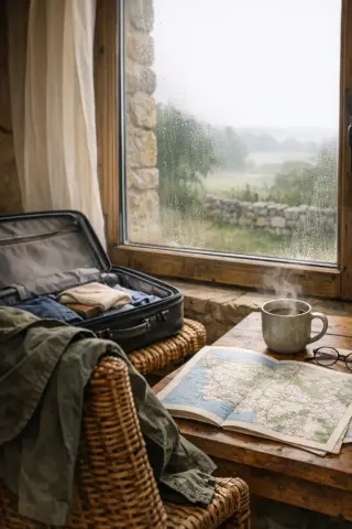 Early morning inside a rustic Morbihan gîte with an open suitcase on a chair, a jacket, misted window showing foggy countryside, and a table with a map and a mug, all bathed in soft, natural light.