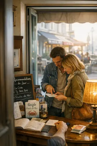 Hotel lobby with two people consulting restaurant menus by a sunlit window, suggesting planning a culinary outing in Quiberon