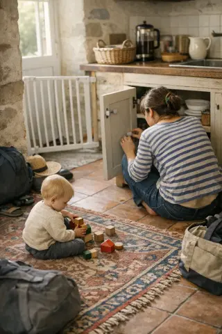 Mother checks safety in a rustic Morbihan gîte kitchen as her toddler plays nearby, morning light revealing subtle family details for a natural travel scene.