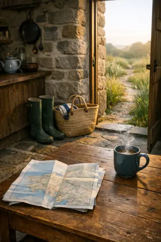 Open cottage kitchen with rain boots, beach bag, map and mug; dew-covered coastal path visible through door, morning light.