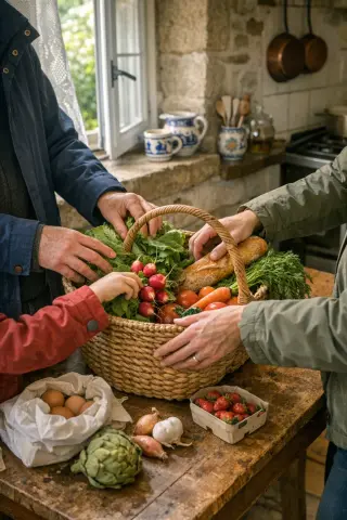 Family's hands arranging market produce in a sunlit gîte kitchen, open window, subtle sense of arrival, candid atmosphere.