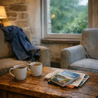 Softly lit guesthouse lounge in Morbihan with two cups, a raincoat on a chair and travel guides, early evening, no people, warm natural mood