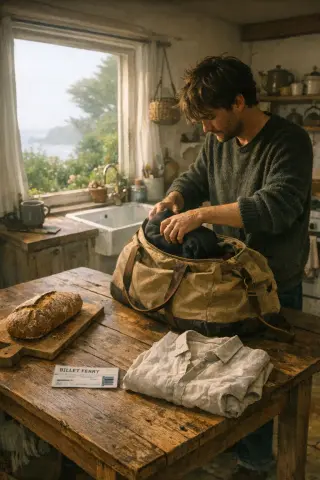 Traveler unpacks bag on rustic table in cozy island kitchen at dawn, garden and sea mist visible through the window, ambient and natural